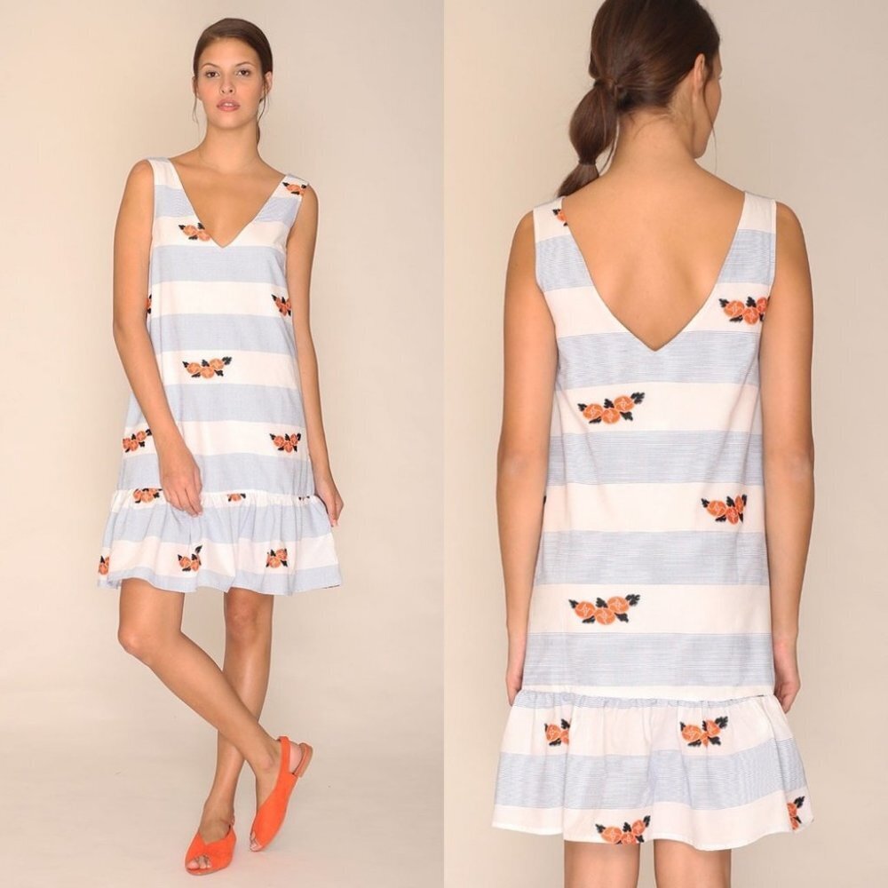 Anthropologie Pepaloves Flower Striped Mini Dress Size XS Blue White V-Neck Boho